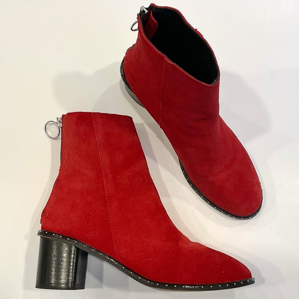TOPSHOP Miranda Ankle Boot Red Suede Studded Block Heel Size EU 39